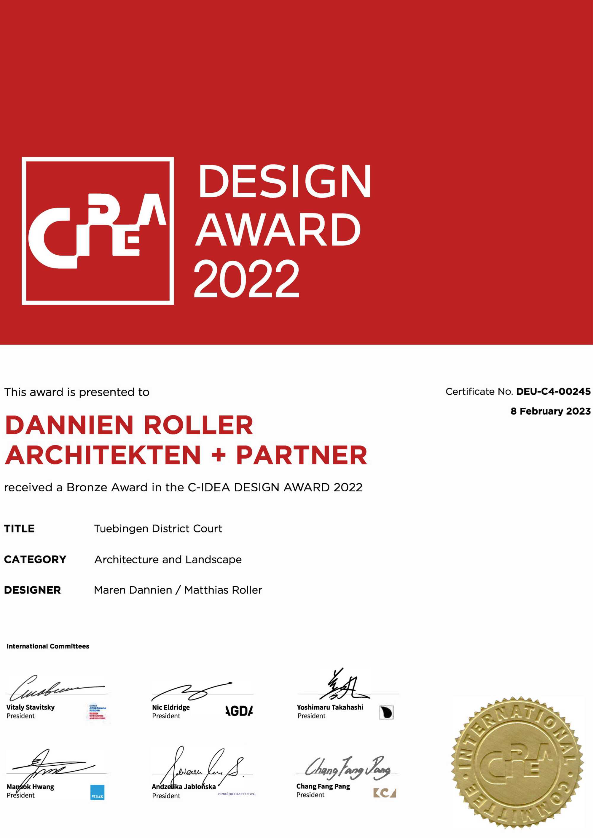 C-IDEA Award 2022  - Best Design Award für unser Bürogebäude in der Tübinger Altstadt und Bronze Award für den denkmalpflegerischen Umbau des Amtsgerichts Tübingen ({project_images:field_row_count})