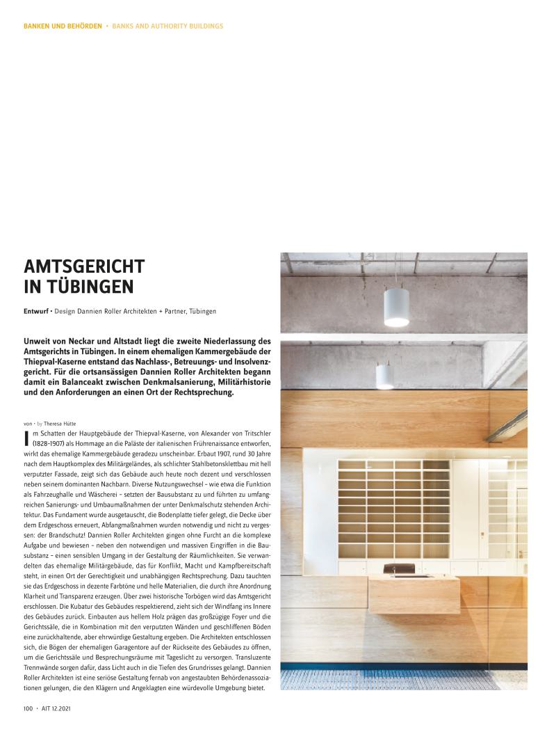 AIT stellt in Ihrer neuesten Ausgabe 12/2021  unter der Rubrik ›Banken und Behörden‹ die Sanierung des Amtsgerichts Tübingen vor (2)