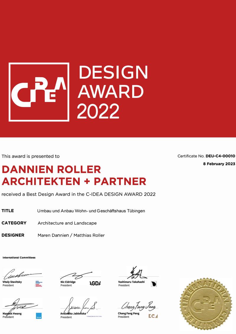 C-IDEA Award 2022  - Best Design Award für unser Bürogebäude in der Tübinger Altstadt und Bronze Award für den denkmalpflegerischen Umbau des Amtsgerichts Tübingen (1)